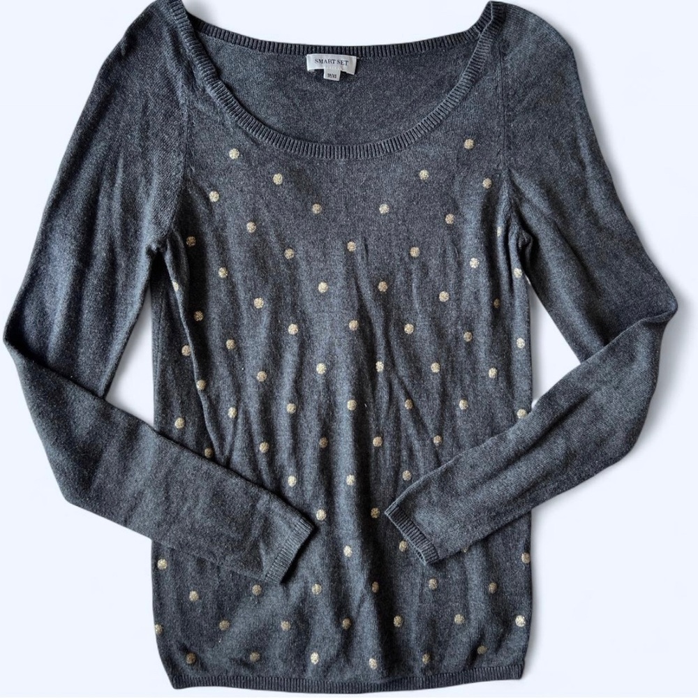 Smartset Womens Grey Gold Polka Dot Soft‎ Cozy Scoop Neck Knit Sweater XS
